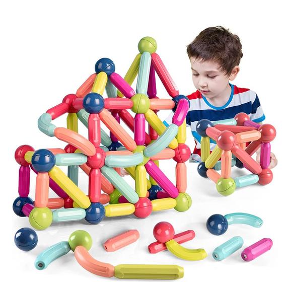 Imagem de Bloco de Montar Magnético Infantil Brinquedo Educativo Kit Criativo Peças Grandes Encaixe Imã 64pçs
