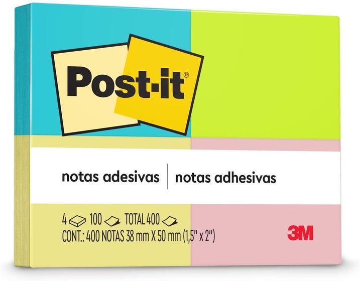 Imagem de Bloco de Notas Adesivas - Post-it 3M - Neon Novas Cores 38 x 50mm 4 Blocos 100Fls