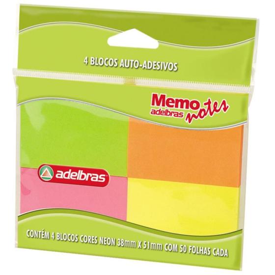 Imagem de Bloco de Recado Autoadesivo Memonote Neon 38X51MM 50 Folhas Pacote com 4