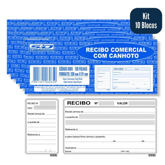 Imagem de Bloco de Recibo Comercial com Canhoto Kit 10 talões com 50 Folhas São Domingos para Lojas Serviços Vendedores Autônomos