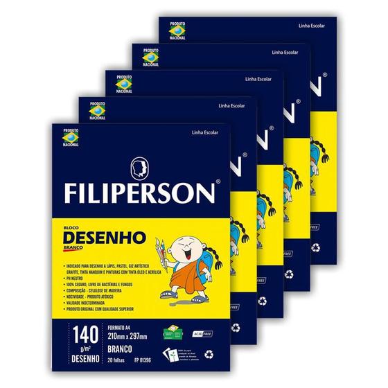 Imagem de Bloco Desenho A4 Filiperson 140G 20 Folhas Com 5 Blocos