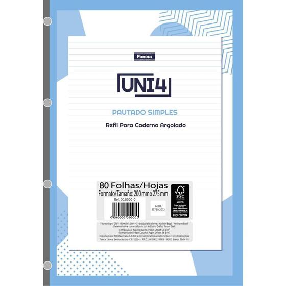 Imagem de Bloco para Fichário Universitário UNI 4 Branco 80 Folhas - Pacote com 5 Unidades
