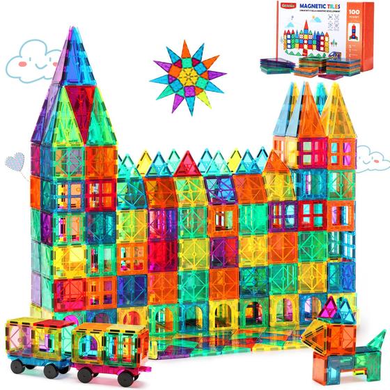 Imagem de Blocos de Construção Magnéticos Gemmicc (100 Peças) + 2 Carros - Brinquedo Infantil