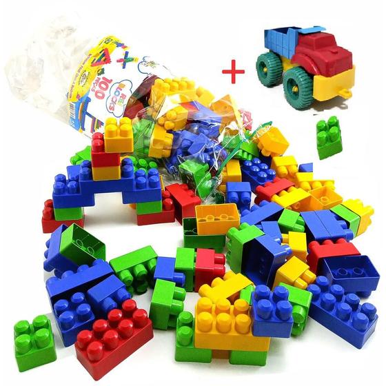 Imagem de Blocos de montar 100 peças com caminhãozinho reiblocks brinquedo educativo