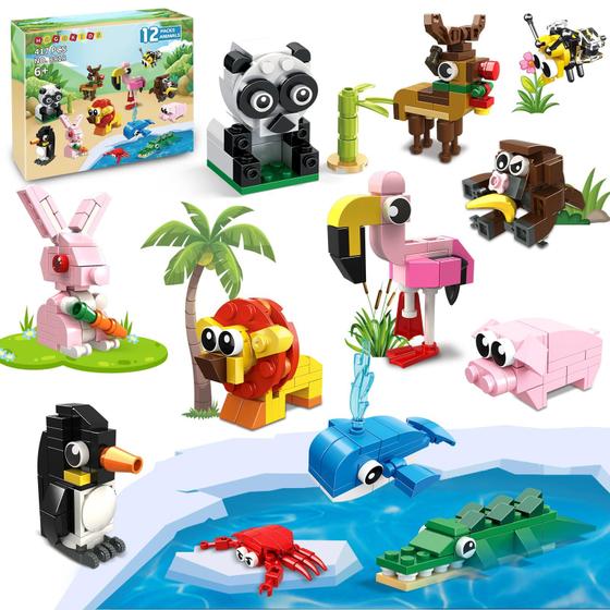 Imagem de Blocos de Montar HOGOKIDS - Kit com 12 Animais - Ideal para Festas