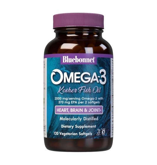 Imagem de Bluebonnet Nutrition Omega-3 Kosher Fish Oil, Forma Natural de Triglicerídeos, Sem Glúten, Sem Laticínios, Certificado Kosher, Não-OGM, 3ª Parte Testada, Molecularmente Destilado, 120 Softgel Vegetariano, 60 Servindo