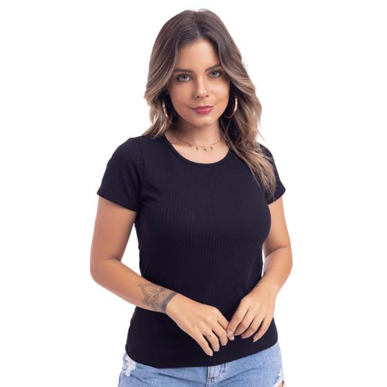 Imagem de Blusa Básica Feminina Lisa Gola Redonda Manga Curta Canelado