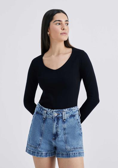 Imagem de Blusa Básica Feminina Manga Longa Slim Decote V