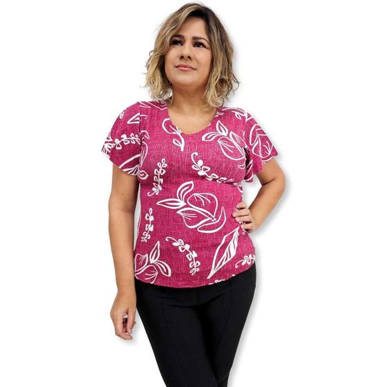 Imagem de Blusa Bata Feminina Manga Curta de Malha Estampada Decote V