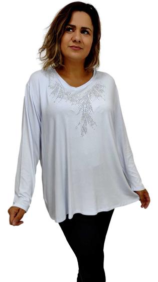 Imagem de Blusa Bata Plus Size Manga Longa Malha Lisa Strass no Busto