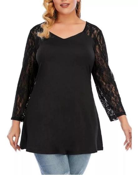 Imagem de Blusa Bata Soltinha Detalhe em Renda Mangas Longas Evase Plus Size 09