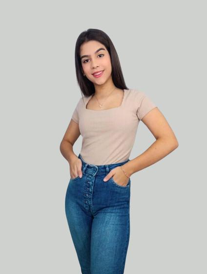 Imagem de Blusa Blusinha Básica Canelado de Algodão Manga Curta Decote Quadrado Confortável Casual Elegante