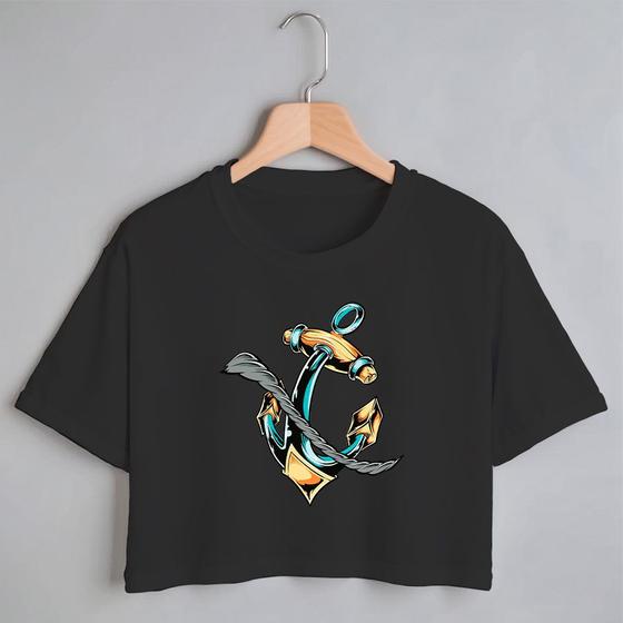 Imagem de Blusa Blusinha Camiseta Cropped TShirt Feminina Algodão Tecido Premium Estampa Digital Âncora Azul e Gold