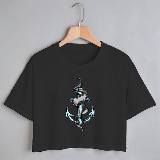 Imagem de Blusa Blusinha Camiseta Cropped TShirt Feminina Algodão Tecido Premium Estampa Digital Âncora Silver