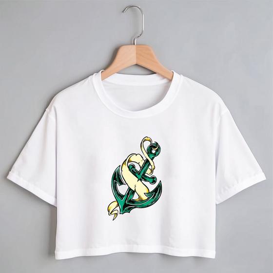 Imagem de Blusa Blusinha Camiseta Cropped TShirt Feminina Algodão Tecido Premium Estampa Digital Âncora Verde e Branco