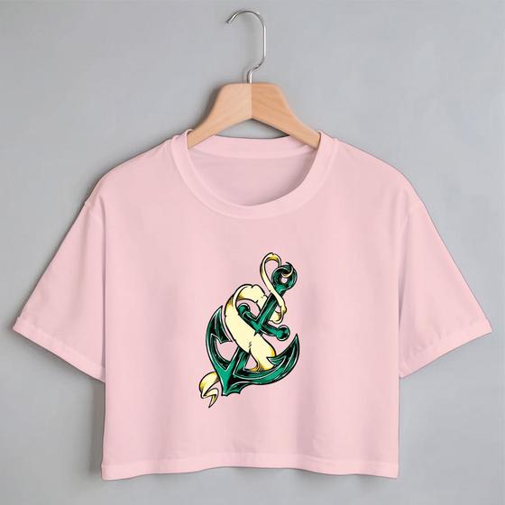 Imagem de Blusa Blusinha Camiseta Cropped TShirt Feminina Algodão Tecido Premium Estampa Digital Âncora Verde e Branco