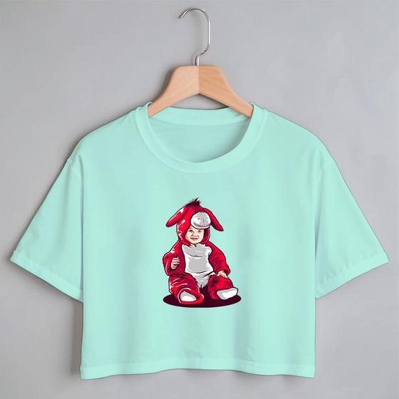 Imagem de Blusa Blusinha Camiseta Cropped TShirt Feminina Algodão Tecido Premium Estampa Digital Baby com Roupa Vermelha