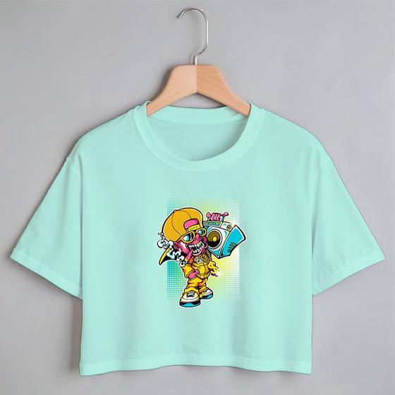 Imagem de Blusa Blusinha Camiseta Cropped TShirt Feminina Algodão Tecido Premium Estampa Digital Boneco de Boné