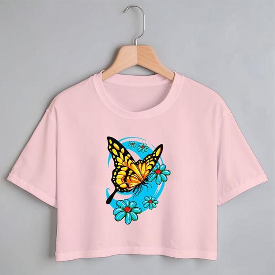 Imagem de Blusa Blusinha Camiseta Cropped TShirt Feminina Algodão Tecido Premium Estampa Digital Borboleta Linda