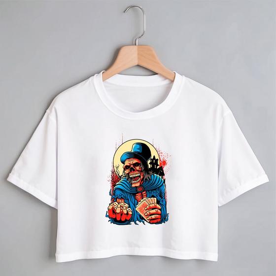 Imagem de Blusa Blusinha Camiseta Cropped TShirt Feminina Algodão Tecido Premium Estampa Digital Caveira Cartas