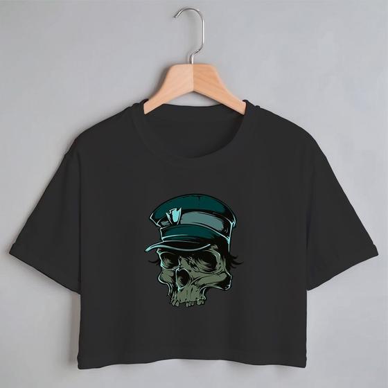 Imagem de Blusa Blusinha Camiseta Cropped TShirt Feminina Algodão Tecido Premium Estampa Digital Caveira Marinha