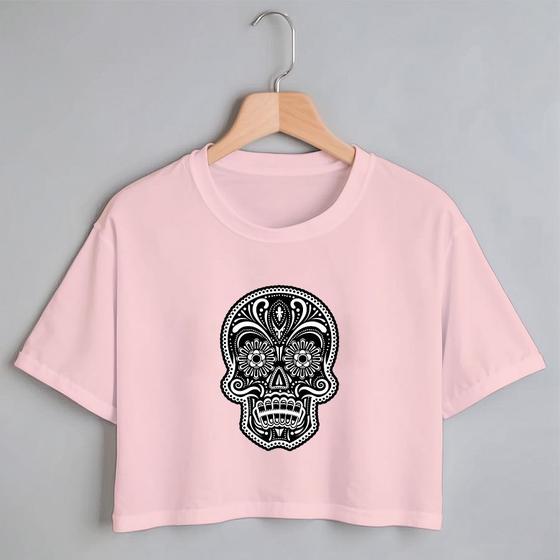 Imagem de Blusa Blusinha Camiseta Cropped TShirt Feminina Algodão Tecido Premium Estampa Digital Caveira Mexicana Preto