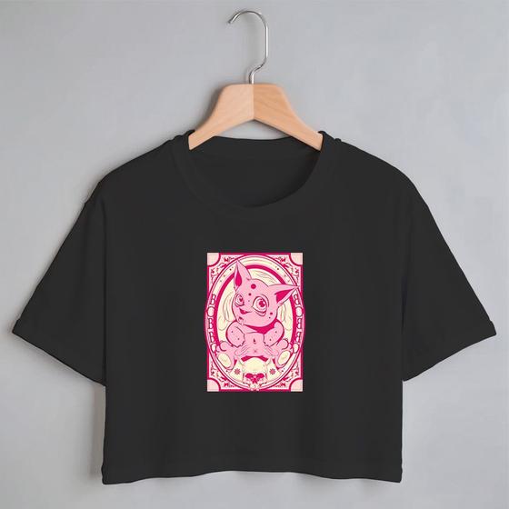 Imagem de Blusa Blusinha Camiseta Cropped TShirt Feminina Algodão Tecido Premium Estampa Digital Coelho Rosa