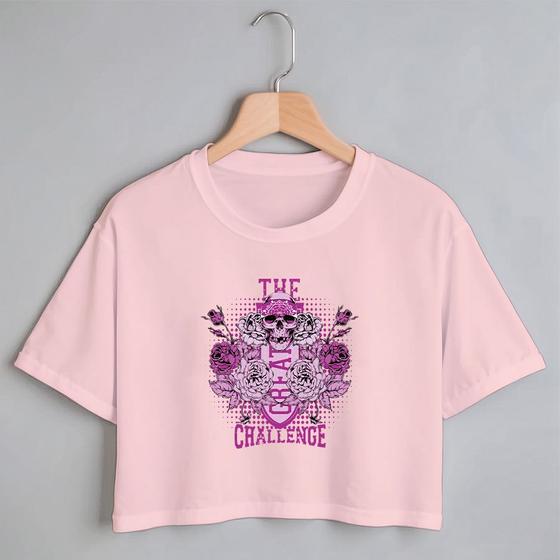 Imagem de Blusa Blusinha Camiseta Cropped TShirt Feminina Algodão Tecido Premium Estampa Digital Crânio de Caveira com Flor Roxa