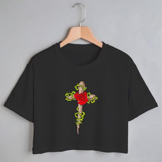 Imagem de Blusa Blusinha Camiseta Cropped TShirt Feminina Algodão Tecido Premium Estampa Digital Cruz de Espinho