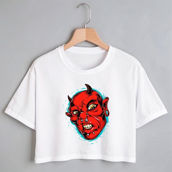 Imagem de Blusa Blusinha Camiseta Cropped TShirt Feminina Algodão Tecido Premium Estampa Digital Diabo Vermelho Monstro