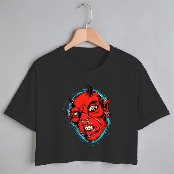 Imagem de Blusa Blusinha Camiseta Cropped TShirt Feminina Algodão Tecido Premium Estampa Digital Diabo Vermelho Monstro