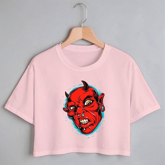Imagem de Blusa Blusinha Camiseta Cropped TShirt Feminina Algodão Tecido Premium Estampa Digital Diabo Vermelho Monstro