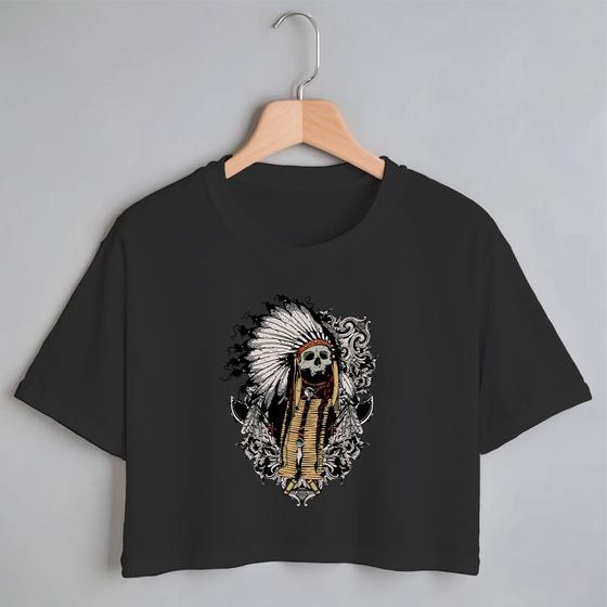 Imagem de Blusa Blusinha Camiseta Cropped TShirt Feminina Algodão Tecido Premium Estampa Digital Indio Chefe Caveira