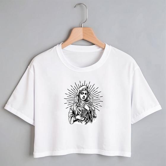 Imagem de Blusa Blusinha Camiseta Cropped TShirt Feminina Algodão Tecido Premium Estampa Digital Maria Mãe de Jesus