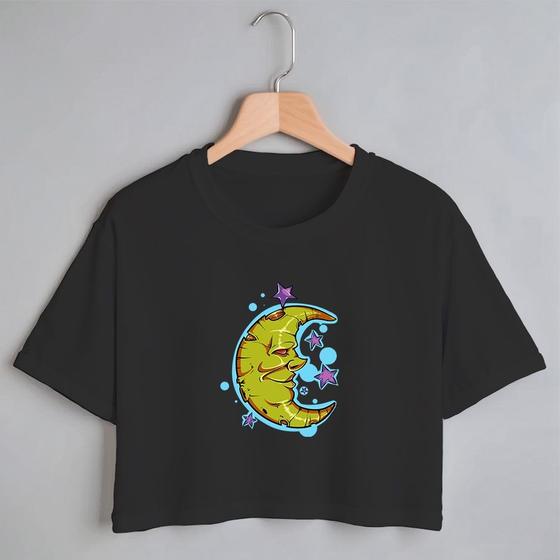 Imagem de Blusa Blusinha Camiseta Cropped TShirt Feminina Algodão Tecido Premium Estampa Digital Meia Lua e Estrela