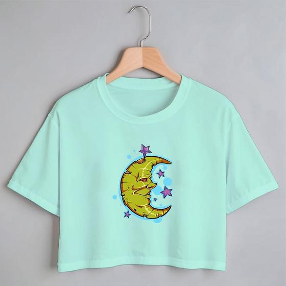 Imagem de Blusa Blusinha Camiseta Cropped TShirt Feminina Algodão Tecido Premium Estampa Digital Meia Lua e Estrela