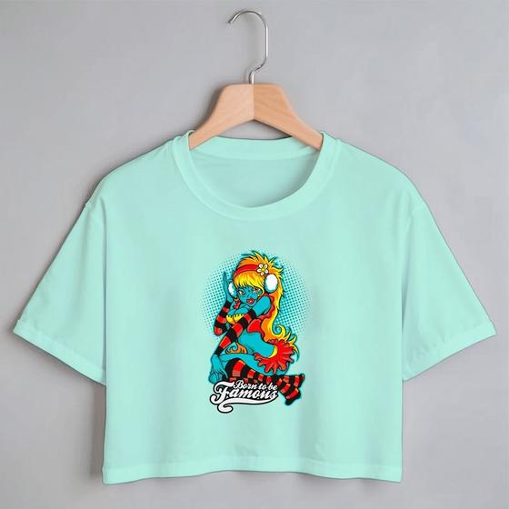 Imagem de Blusa Blusinha Camiseta Cropped TShirt Feminina Algodão Tecido Premium Estampa Digital Mulher Azul Formosa
