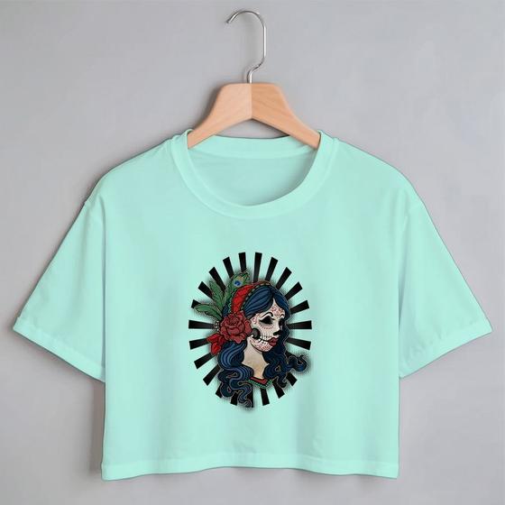 Imagem de Blusa Blusinha Camiseta Cropped TShirt Feminina Algodão Tecido Premium Estampa Digital Mulher Máscarada La Catrina