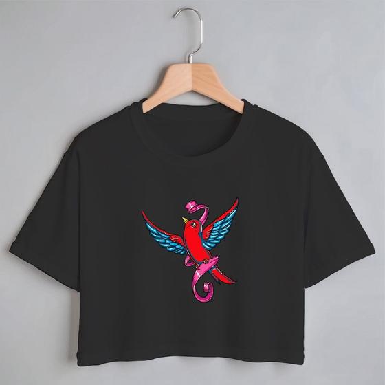 Imagem de Blusa Blusinha Camiseta Cropped TShirt Feminina Algodão Tecido Premium Estampa Digital Passarinho Vermelho