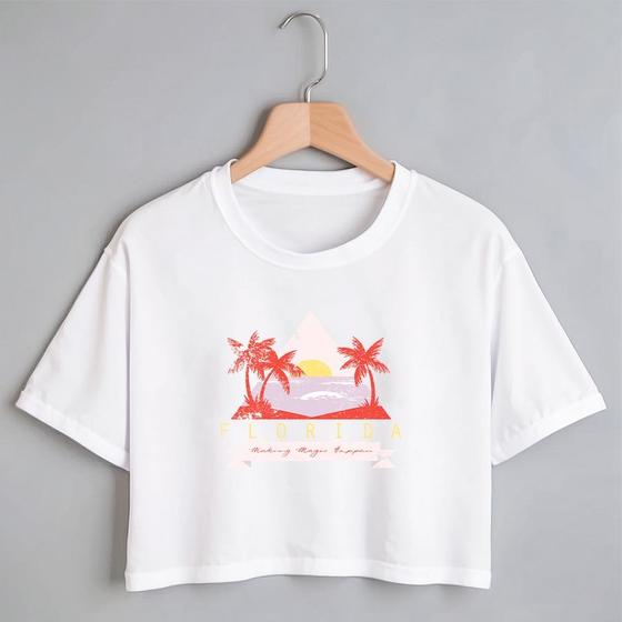 Imagem de Blusa Blusinha Camiseta Cropped TShirt Feminina Algodão Tecido Premium Estampa Digital Praia Coqueiro Sol