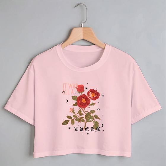 Imagem de Blusa Blusinha Camiseta Cropped TShirt Feminina Algodão Tecido Premium Estampa Flores Rosas Vermelhas