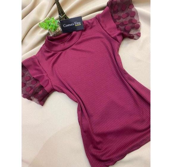 Imagem de Blusa Blusinha Canelada Com Manga Babado Tule Feminina.