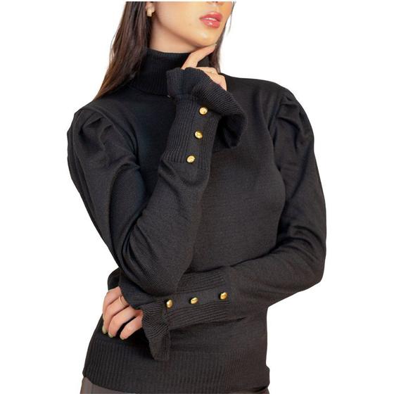 Imagem de Blusa Cacharrel Feminina Lã Trico Tricot Gola Alta Botoes