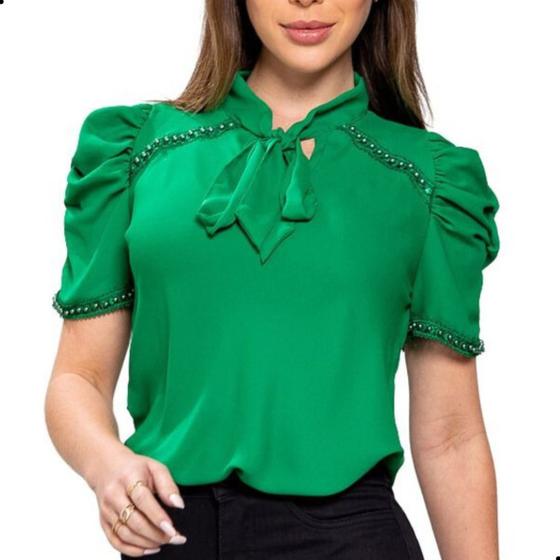Imagem de Blusa Camisa Feminina Evangélica Laço Gravatinha Com Pérolas