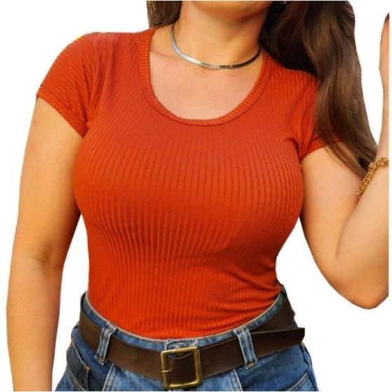 Imagem de Blusa canelada básica gola rasa manga curta moda blogueira feminina