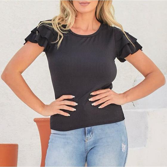 Imagem de Blusa canelada gola rasa manga babado casual feminina