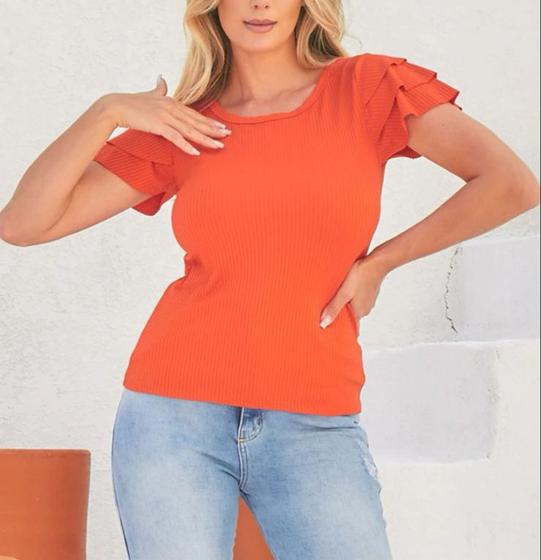 Imagem de Blusa canelada gola rasa manga babado casual roupas femininas