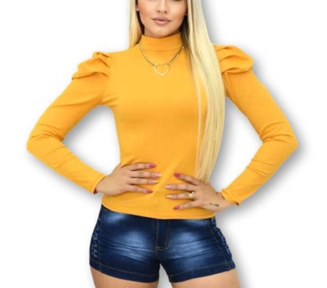 Imagem de Blusa canelada manga longa bufante gola alta cachepô feminina fashion