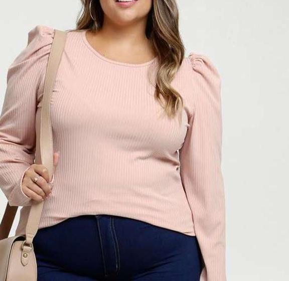 Imagem de Blusa canelada manga longa bufante plus size feminina elegante