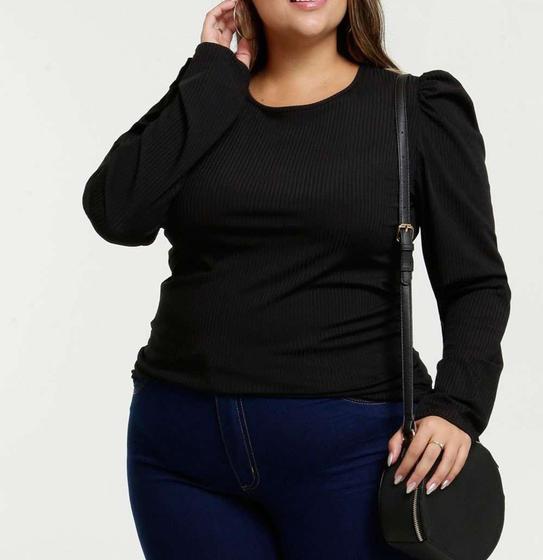 Imagem de Blusa canelada manga longa bufante plus size feminina moda estilo